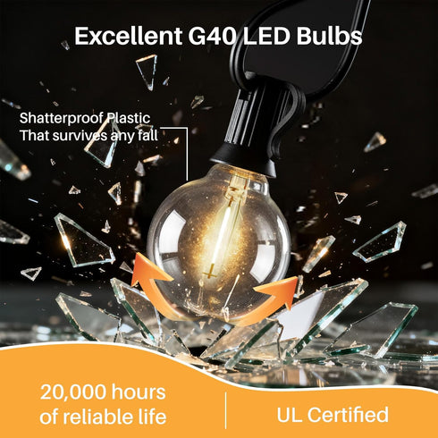 wtiyvxr 50 G40 Lights,26 Bulbs(2 IP65 Dimmable Bulbs E12 2700K FT Outdoor String Lights Globe Shatterproof Patio