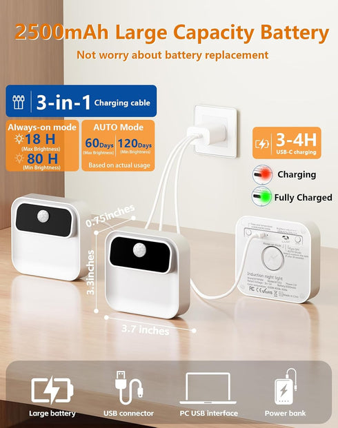 Indoor,2500mAh 3 Pack) Stair Lights Rechargeable, Wireless Motion Sensor Night Light,Adjustable