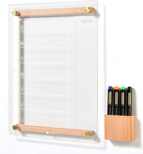 Clear Glass Weekly Dry Erase Calendar Whiteboard, 15x11" Menu & Meal Planner for Home Kitchen, Wood Marker Holder and 4