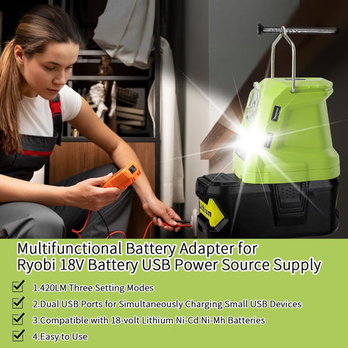 Battery Adapter for Ryobi 18volt One+ P107 P108 Li-ion Battery, Portable Power Source Converter with Dual USB Phone
