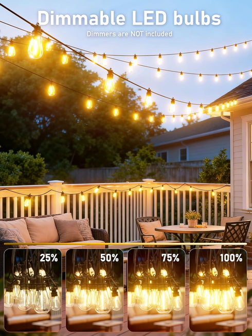 Jerritte 60FT 16+1 IP65 Bulbs, 2700K Dimmable Commercial LED Outdoor String Lights with Edison Shatterproof Waterproof
