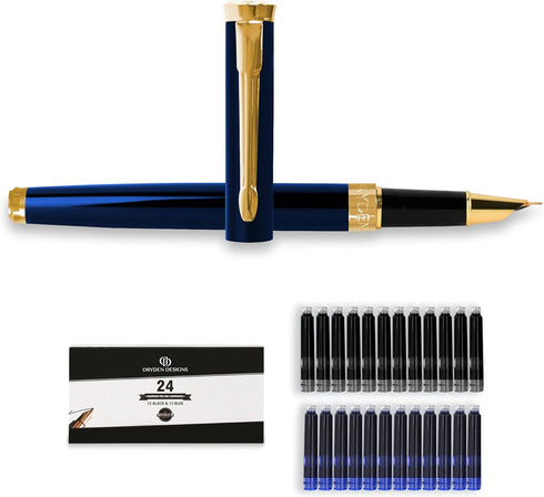 Dryden Designs Fine Nib Fountain Pen - Includes 24 Ink Cartridges, 12 Black and 12 Blue for Smooth Elegant Writing