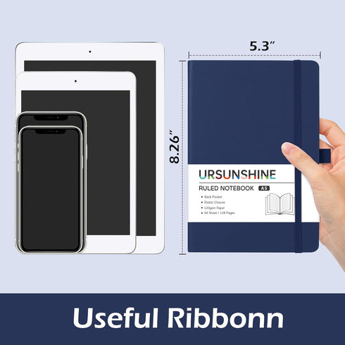 Ruled Notebook/Journal - Classic Lined Journal/Notebook, 5.3'' x 8.26'', Hardcover with Thick Paper, Banded + Pen Holder +Inner Pocket - Dark Blue by URSUNSHINE
