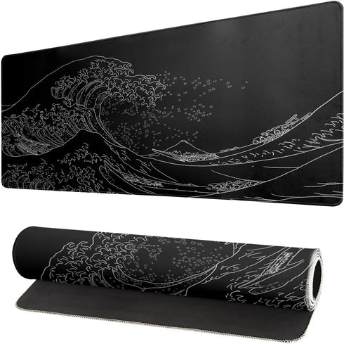 Large Japanese Sea Wave Mouse Pad, Extended Kanagawa Anime Black Gaming Mat, 31.5 x 11.8 Inch, 3mm Thick Non-Slip