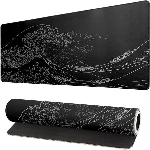 Large Japanese Sea Wave Mouse Pad, Extended Kanagawa Anime Black Gaming Mat, 31.5 x 11.8 Inch, 3mm Thick Non-Slip