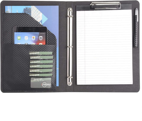 Binder Portfolio Organizer - Business and Interview Padfolio with Color File Folders and 3-Ring Binder, Clipboard