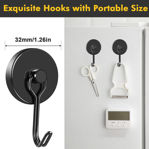 MIKEDE Magnetic Hooks, 110LB Heavy Duty Neodymium Black Magnet Hooks for Indoor Outdoor Hangers, 6 Pack