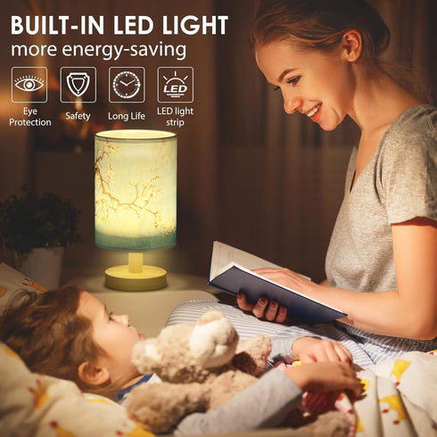 MABCIRY 2) Fabric Wood Table Lamp for Bedroom, USB LED Bedside Night Lamp with Linen Fabric Lampshade, Decorative