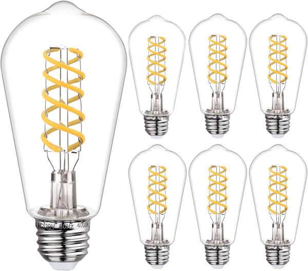 6 PCS Dimmable Vintage LED Edison Bulbs, 6W Equivalent, 4000K Natural White, Antique Spiral Filament, E26 Base