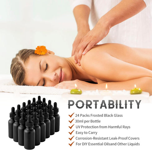24 Pack Frosted Black Dropper Bottles, 1oz/30ml Glass Tincture Bottles with Measured Eye Dropper for Essential Oils