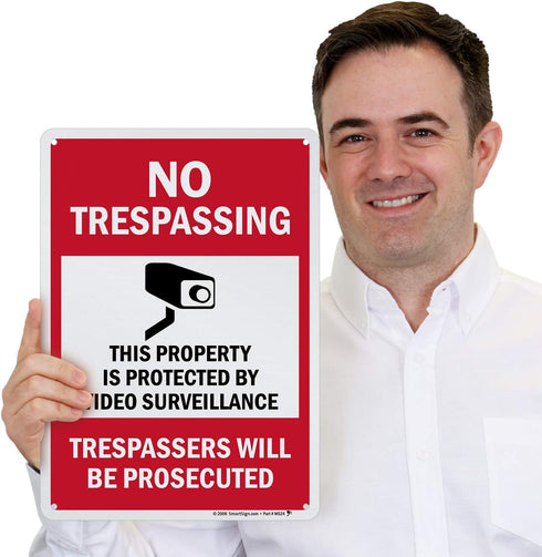 SmartSign 14 x 10 inch “No Trespassing” Metal Sign - Property Protected by Surveillance, Red, Black and White