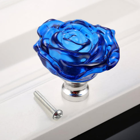 Yetaha Blue Crystal Drawer Knobs, 5PCS Rose Shape Glass Handles for Cabinet Pulls, with Screws