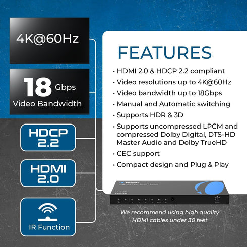 OREI 4K 5 1 4K@60hz Dolby, 3D 18Gbps PS5/4, HDMI Switch in Out HDMI Switch with Remote with HDR, DTS & - Switcher