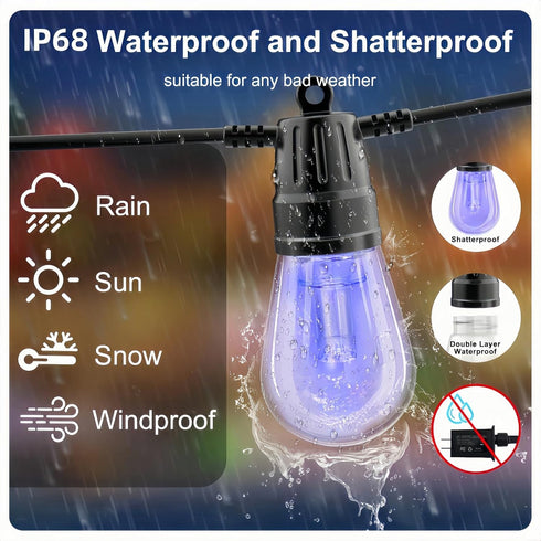 Generic 49ft, 15 Dimmable Bulbs IP66 Outdoor String Lights Outdoor Lights for Patio String Lights for Outside with LED