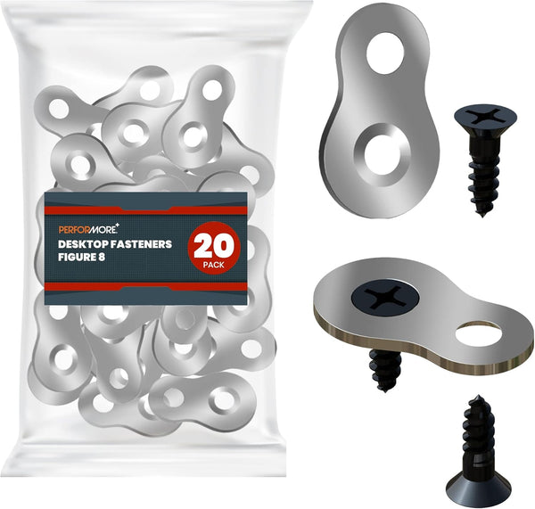 Performore 20 Pack Figure 8 Shaped Steel Desk Top Fastener Clip - Heavy Duty Table Top Connector with Nickel Screws