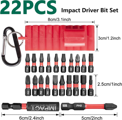 Generic 22-Piece Set S2 Magnetic Impact Bit - Torx/Hex/Flat Bits + Holder, Steel Construction with Organizer Sleeve