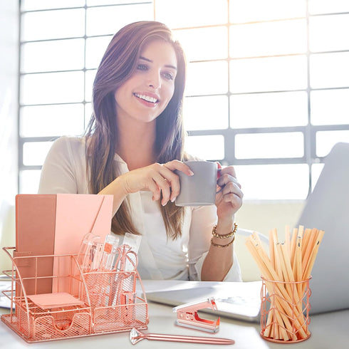 Rose Gold Office Supplies, Mesh Desk Organizers with Tape Holder, Stapler, Pen Holder, and More for Office