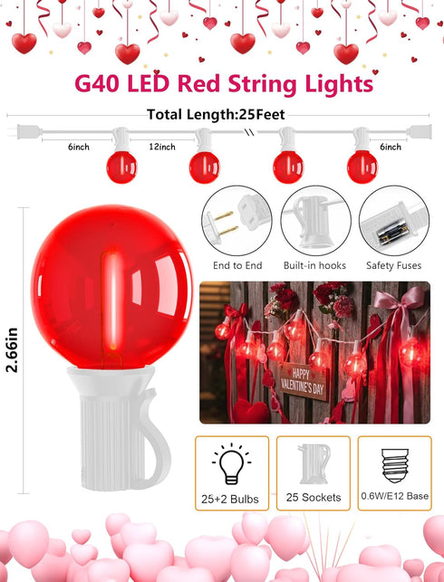 50Ft G40 27 Bulbs, LED Valentine's Day String Lights Outdoor, Valentines Decorations Lights with Red Shatterproof Globe