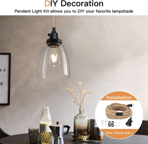 Zevnico 16.5FT E26 Pendant Light Kit, Hanging Lights with Plug in Cord & Switch, Hemp Rope Swag Socket Pendant Lamp