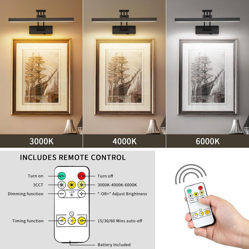 15.7' Inch Dimmable Picture Light Battery Operated Long Rechargeable Wall Sconce LED Library Light with Swing Arm
