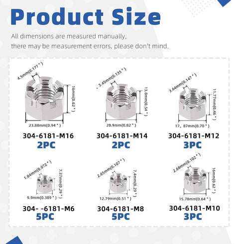Glarks 20Pcs M6 M8 M10 M12 M14 M16 304 6 Stainless Steel Hexagon Slotted Nuts Assortment Kit, Size Hex Castle Nuts