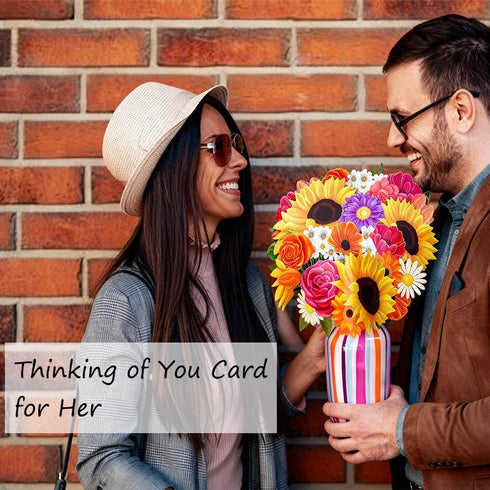 ALBUMAX 3D Pop Up Flower Bouquet Greeting Card with Colorful Vase, Cute Booming Sunflowers Roses Bouquet Birthday Gift