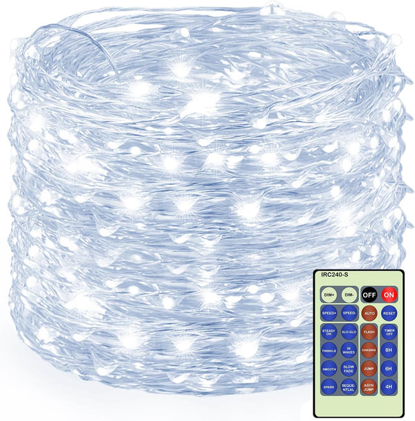 Decute 300Led 99FT Silver Wire Christmas Fairy String Lights Dimmable with Remote