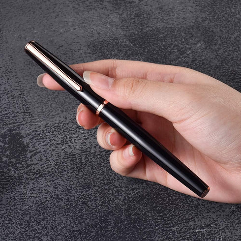 HongDian 920 Black Metal Fountain Pen, Rose Gold Plated Extra Fine Nib, Classic Writing Pen with Ink Converter