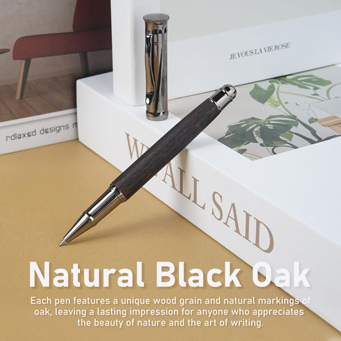 WEMATE Wood Rollerball Pen Set, Fancy Writing Pen with 2 Extra Ink Refills (1 Black & 1 Blue), Black Oak