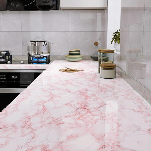 LACHEERY Marble Contact Paper Pink White Marble Peel and Stick for Countertops, Waterproof Wallpaper 15.8"x80"