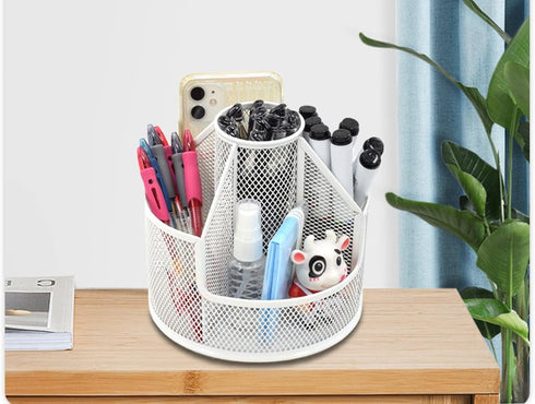 Rotating Metal Desk Organizer - Mesh Pen Holder for Office, School & Home, Cute Art Supplies (White)