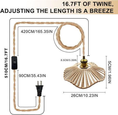 FEYAIM 2 16.7ft E26 E27 Bulb Pcs Plug in Pendant Light, Metal Lampshade with Switch, Light Base, Hanging Lights