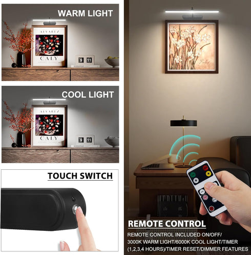 RAIFOOLLY Light,3AA Dimmable Picture Battery Wall Lights,Wireless Art Lights for Paintings,Remote Control Accent Light