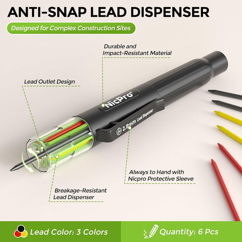 CP3000 6 Nicpro Carpenter Pencil with Sharpener, Construction Pencils with Refills in a Lead Dispenser, Deep Hole Long