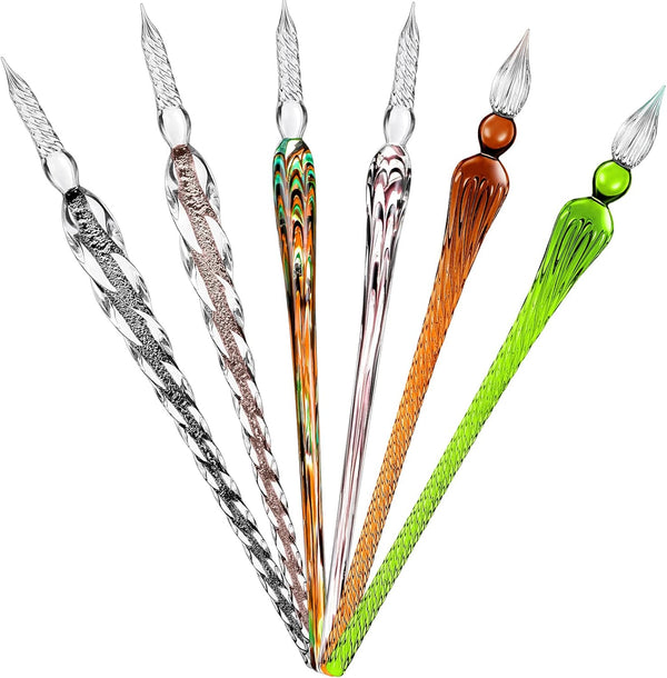 Zonon 6 Pcs Handmade Glass Dip Pen - Crystal Glass Signature Pen for Calligraphy, Vintage Color, Fresh Style