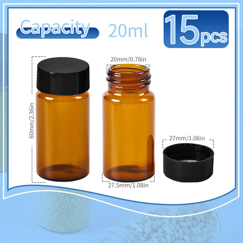15 PCS 20ML Amber Small Liquid Sample Glass Vials with 24-400 Black Screw Caps for Lab, Essential Oil, Perfume
