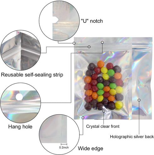 100 Pack Resealable Holographic Bags for Small Business - Iridescent Mylar Bags with Clear Front, 4 X 6 inches