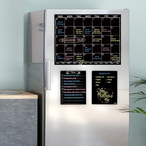 Magnetic Chalkboard Monthly Calendar with Neon Bright Liquid Chalk Markers, Black Refrigerator Planning Board with