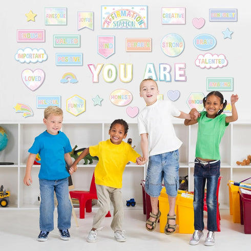 Pastel Affirmation Station Rainbow Motivational Bulletin Board Set for Classroom Decor, Mental Health Posters, Positive