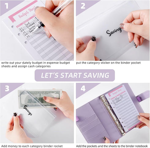 NICOOTH Budget Binder Cash Envelopes A6 Money Saving Binder with Zipper Envelopes (Purple)