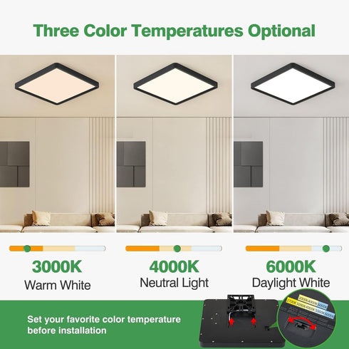 FY WISDOM FLY LIGHTING 16 Inch 36W 3600LM, 3000K/4000K/6000K Square LED Flush Mount Ceiling Light, CCT Selectable,Black