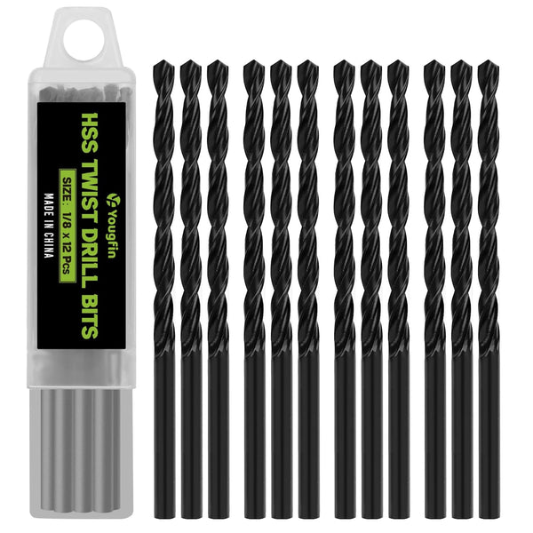 YOUGFIN 12 Pack 1/8 Inch Drill Bit Set, High Speed Steel Twist Jobber Length Drill Bits for Soft Metal, Wood, Plastic