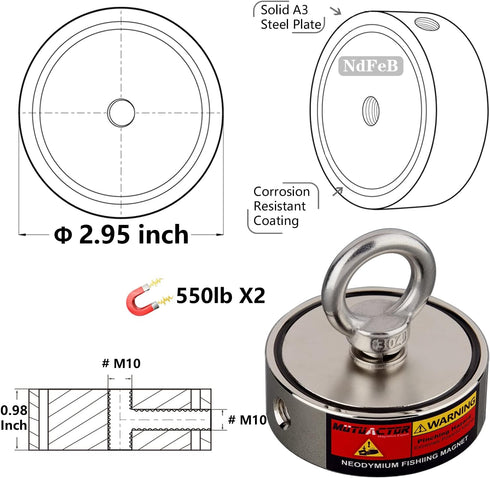 MUTUACTOR Neodymium Fishing Magnet, Double Sided 1100lbs Heavy Duty with 65Ft Rope and Waterproof Bag