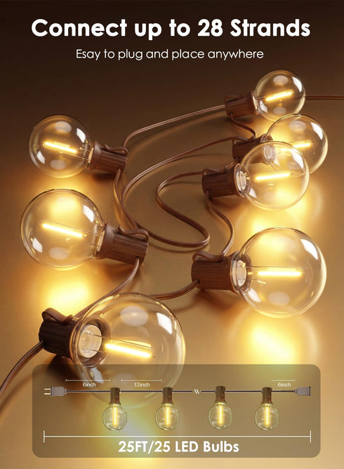 25FT 25 G40 Bulbs, E12 SUNSGNE Brown Outdoor String Lights, Shatterproof LED Globe String Lights with LED Waterproof