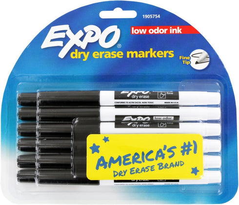 Expo Low Odor Dry Erase Markers, Fine Point, Black Ink, Pack of 12