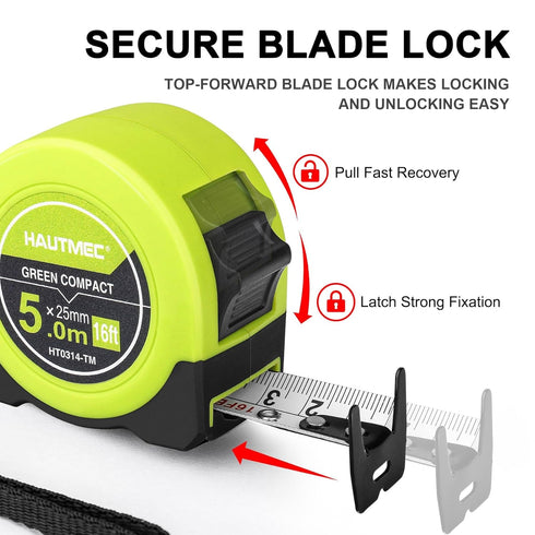 HAUTMEC 16Ft Tape Measure with Fractions 1/8, Heavy Duty Green Compact Case for Construction