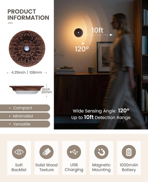 Motion Sensor Night Light Wood USB Rechargeable Stick-On Step Lights Magnetic Small Wall Lights for Hallway Bedroom