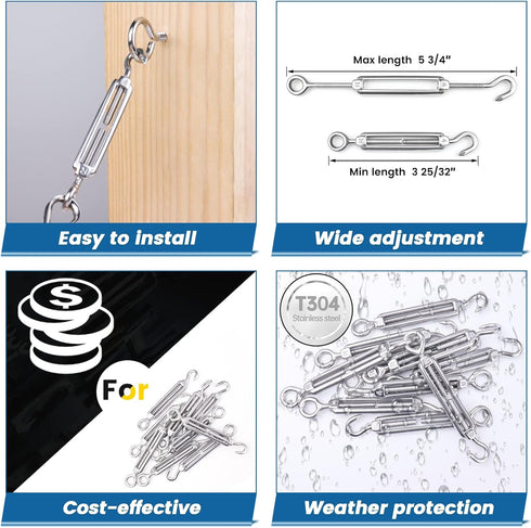 Muzata 10 Pack M4 Turnbuckle Hook and Eye Turnbuckles for Cable Wire, T304 Stainless Steel Heavy Duty Tensioner Kit