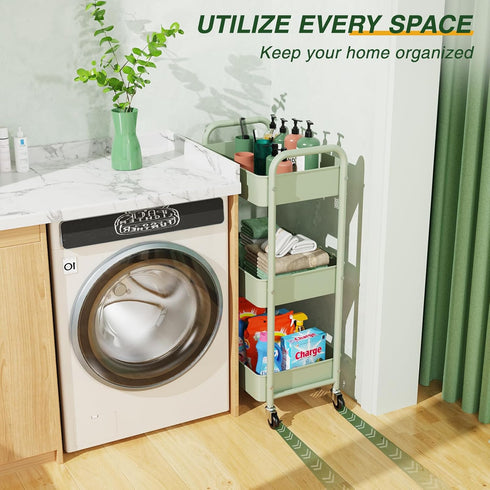 LEHOM 3 Tier Rolling Storage Cart - Metal Trolley Utility Cart with Wheels & Hooks for Bathroom Kitchen Office Bedroom