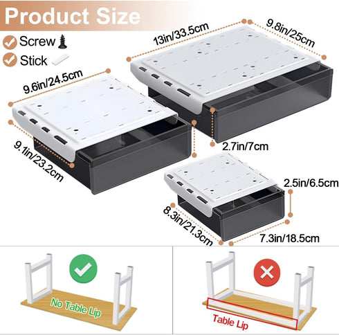 Under Desk Table Drawer Storage Organizer, 3 Pack Slide Out Drawers for Hidden Desktop Storage